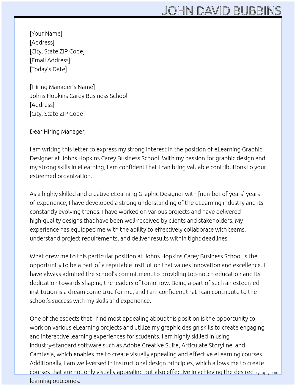 eLearning Graphic Designer At Johns Hopkins Carey Business School Cover Letter
