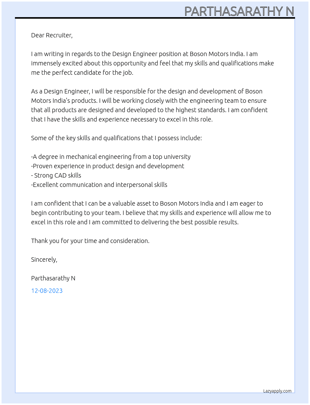 Design Engineer  At Boson motors india Cover Letter