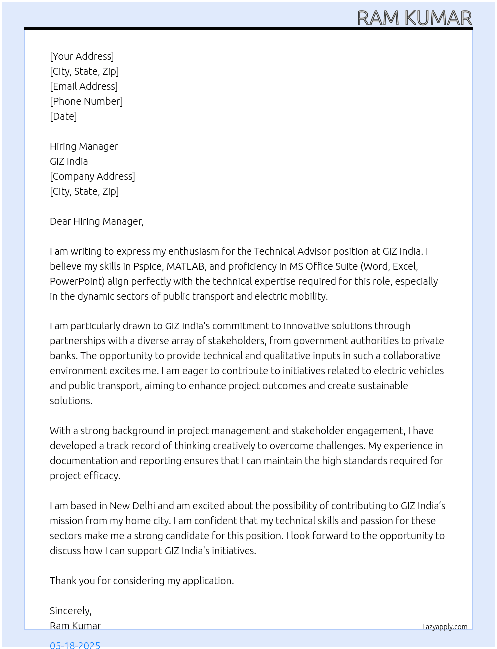 Cover letter for technical advisor - LazyApply