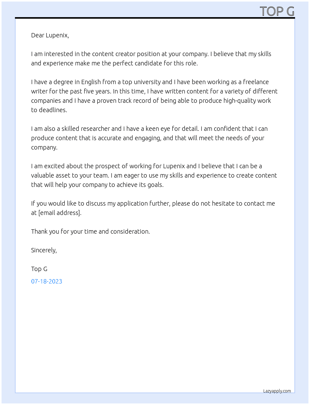 Content creator At Lupenix  Cover Letter
