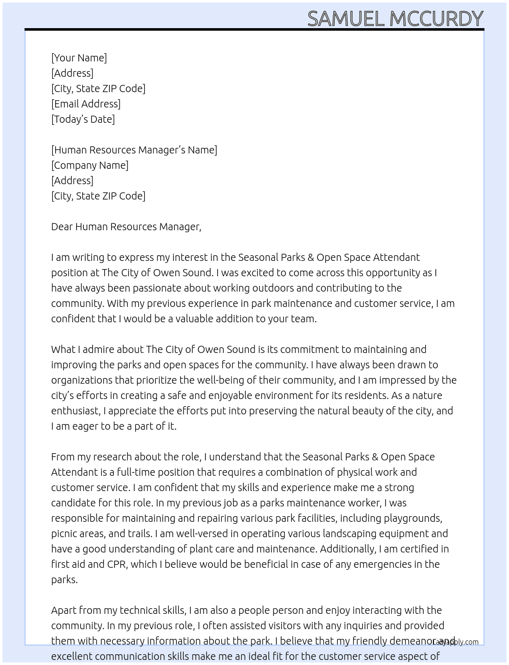 Seasonal Parks & Open Space Attendant At The City of Owen Sound Cover Letter