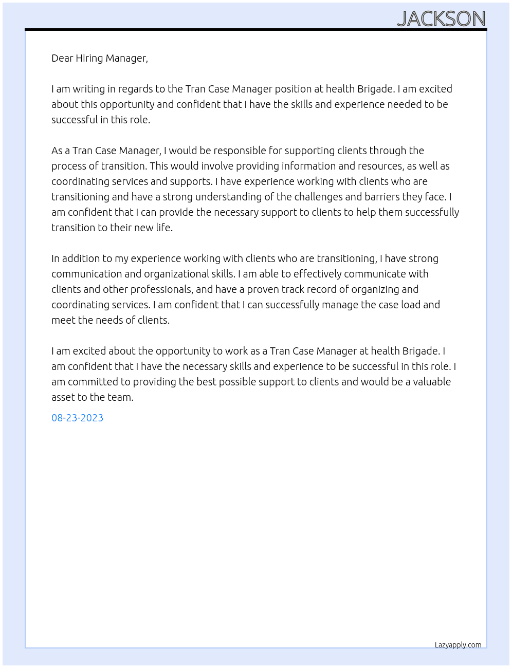 Tran Case Manager At health Brigade Cover Letter
