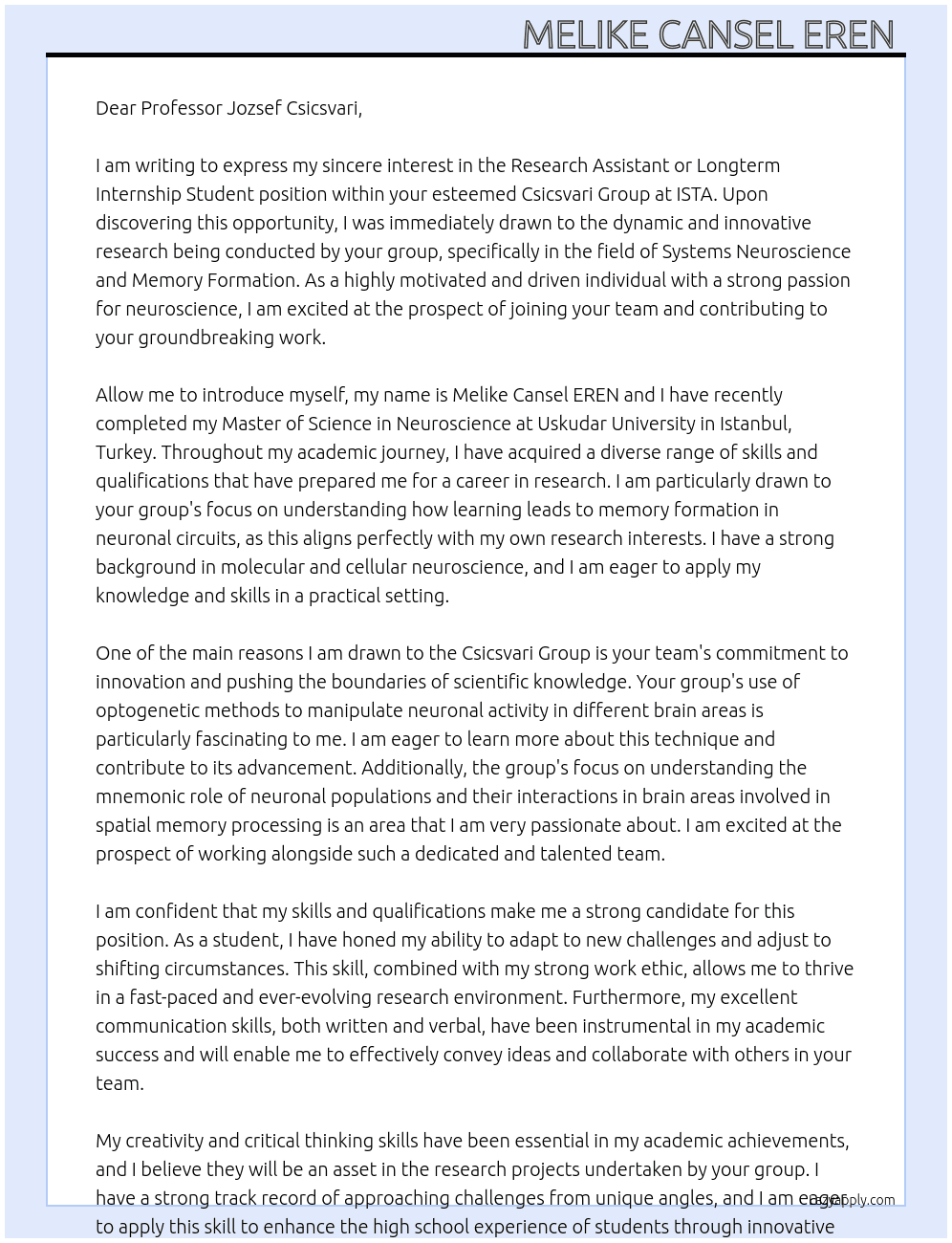 Research Assistant or Longterm Intership Student At Csicsvari Group -ISTA Cover Letter