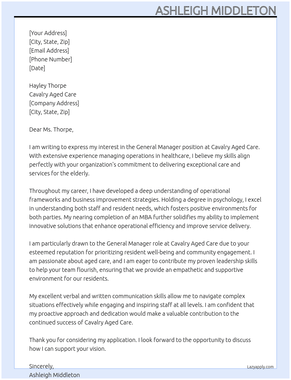 General Manager At Cavalry Aged Care Cover Letter