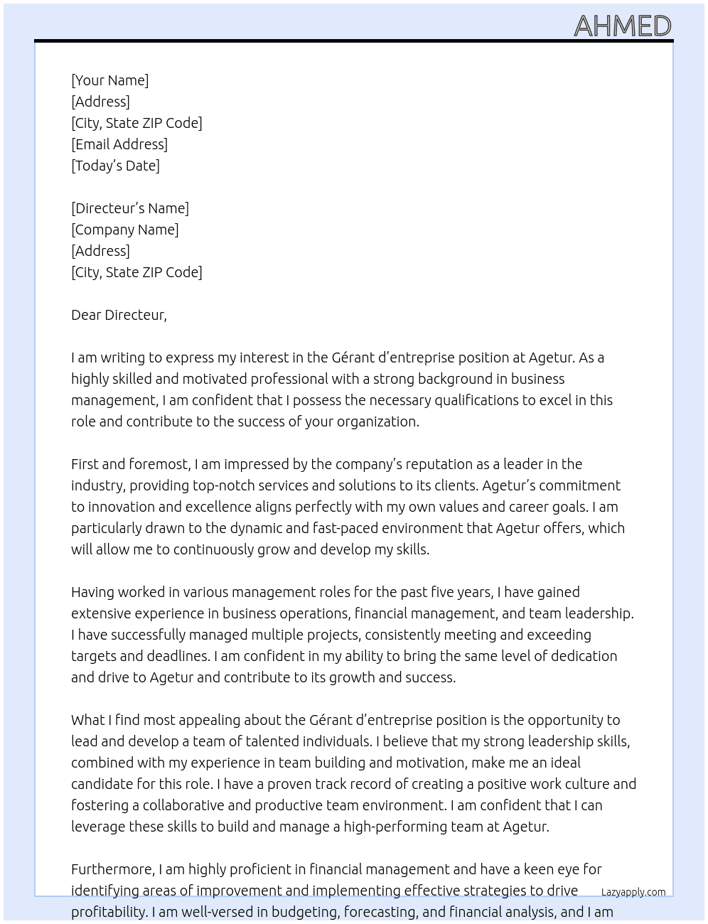 Gérant d entreprise  At Agetur Cover Letter