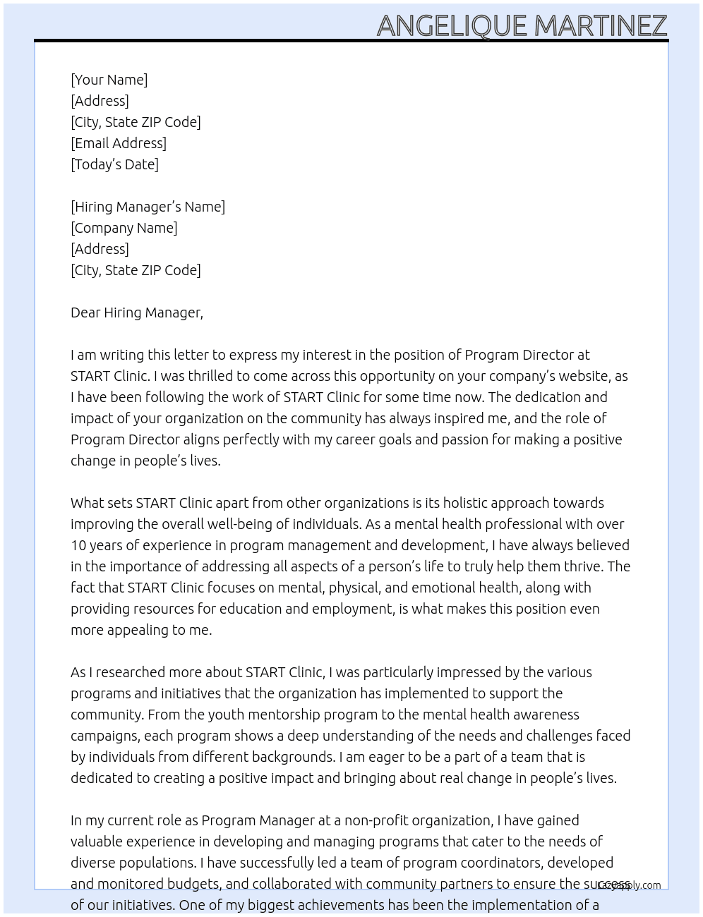 Program Director  At START Clinic  Cover Letter