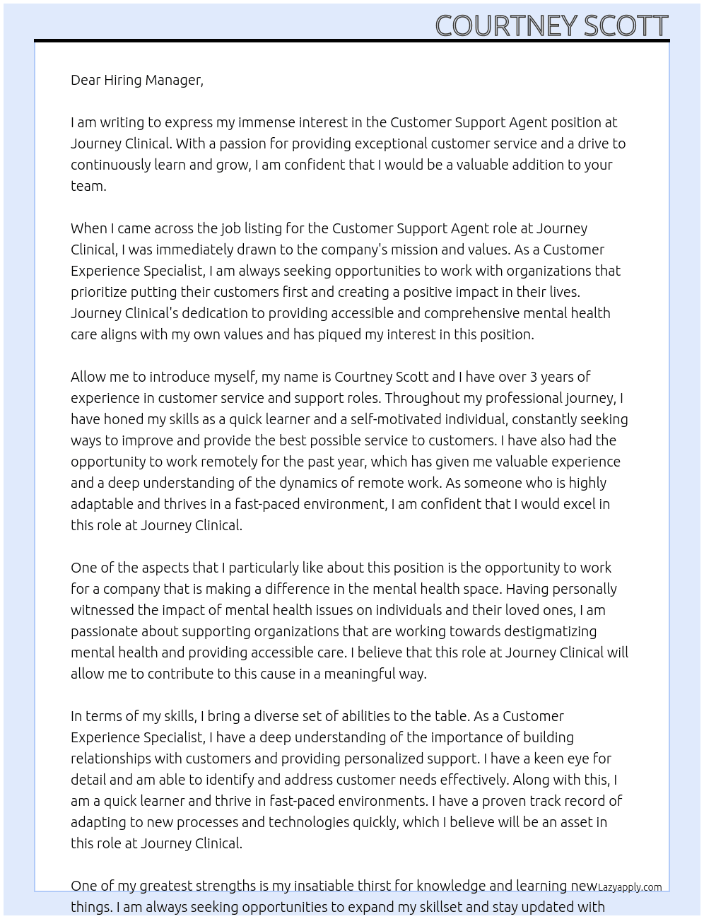 Customer Support Agent At Journey Clinical Cover Letter
