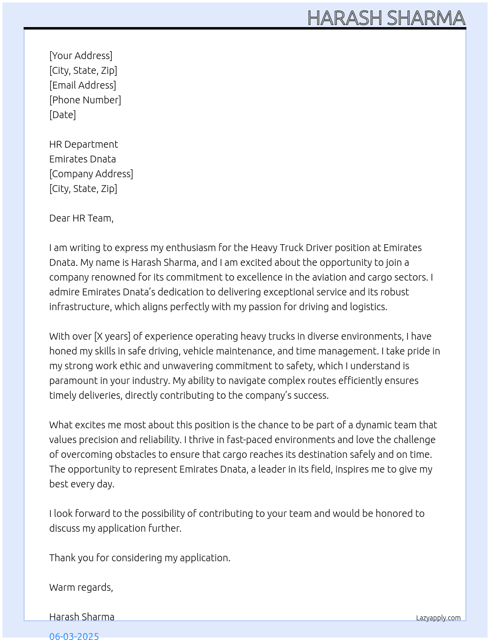 Heavy Truck Driver  At Emirates Dnata  Cover Letter