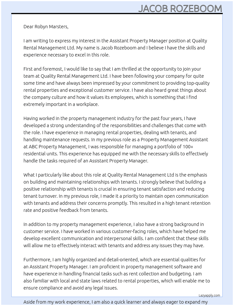 Assistant Property Manager  At Quality Rental Management ltd Cover Letter