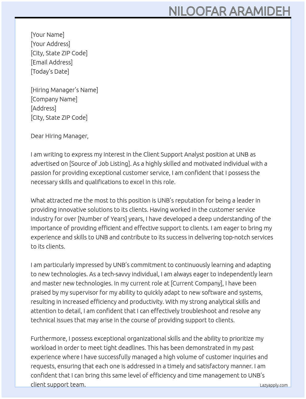 Client Support Analyst At UNB Cover Letter