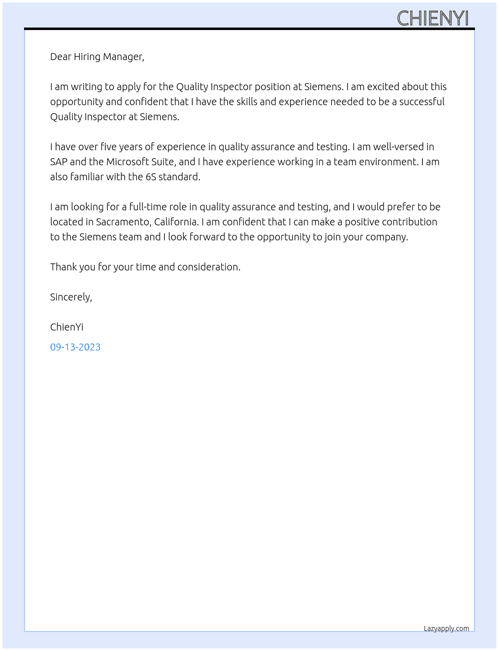 Quality Inspector At Siemens Cover Letter