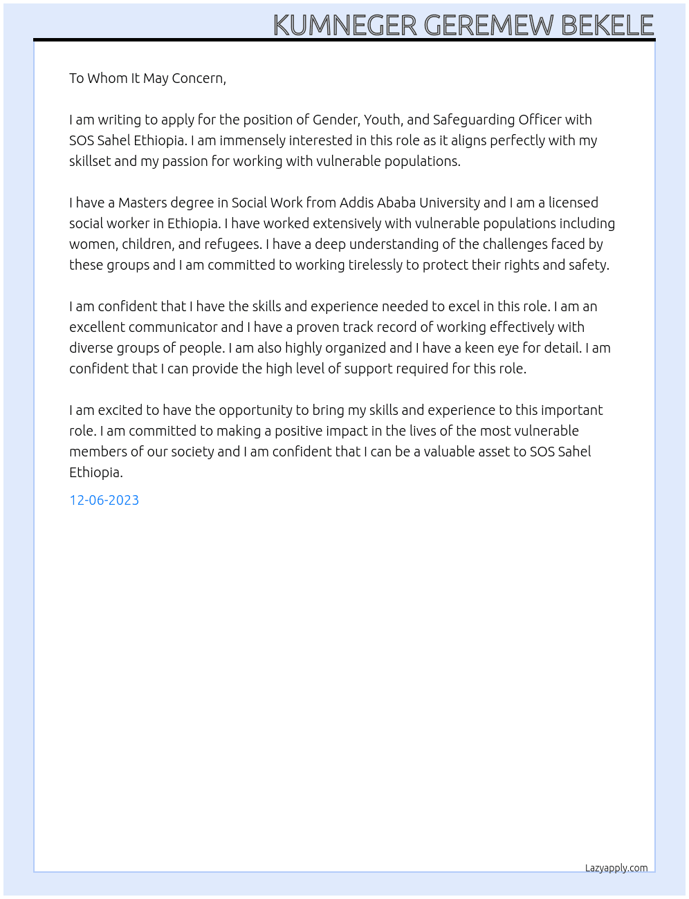 Gender, Youth, and Safeguarding Officer At SOS Sahel Ethiopia Cover Letter