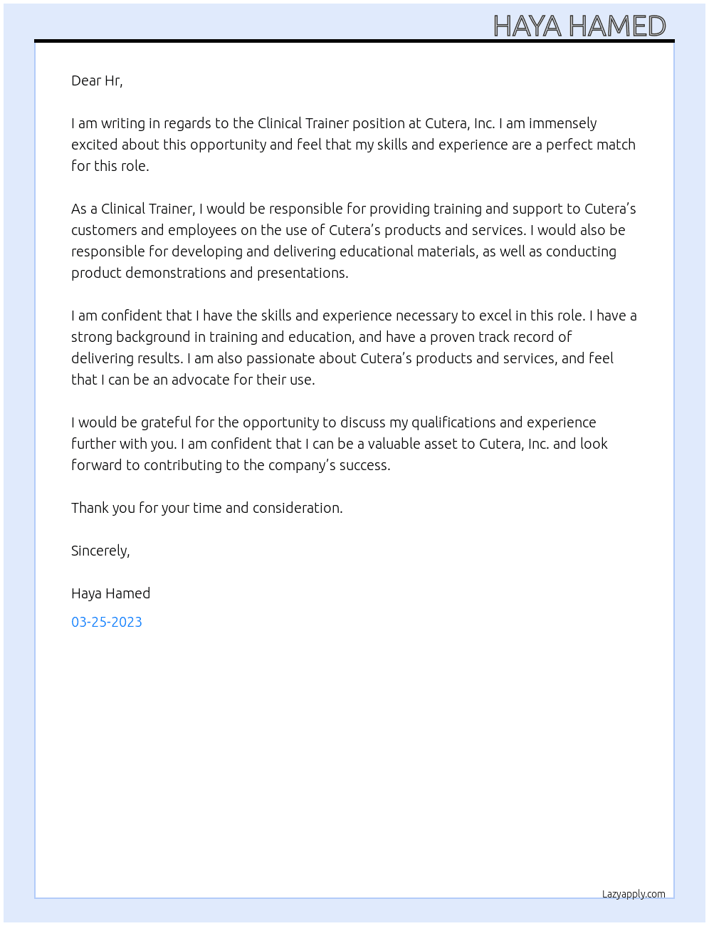 Clinical trainer At Cutera, Inc Cover Letter