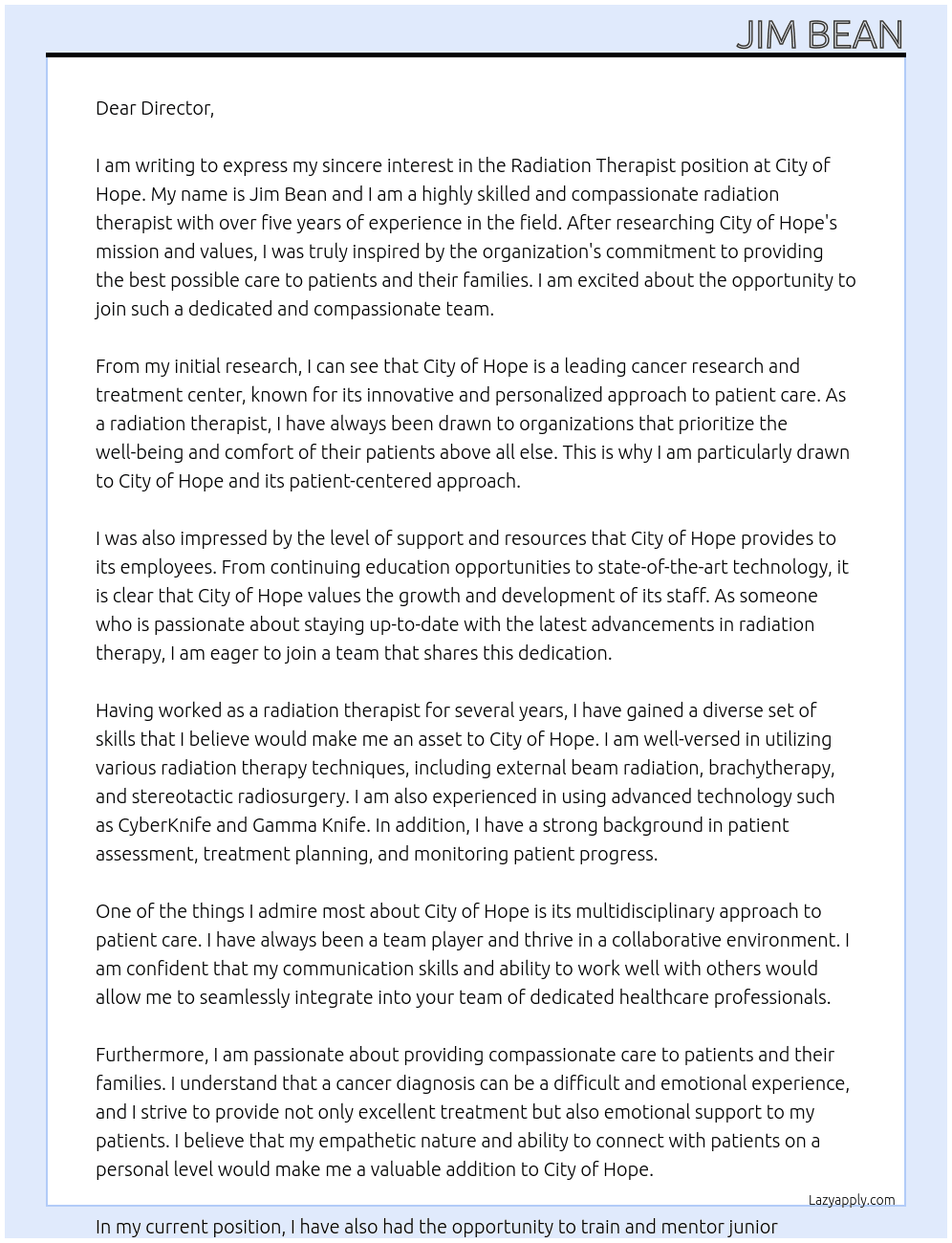 Radiation therapist  At City of hope Cover Letter