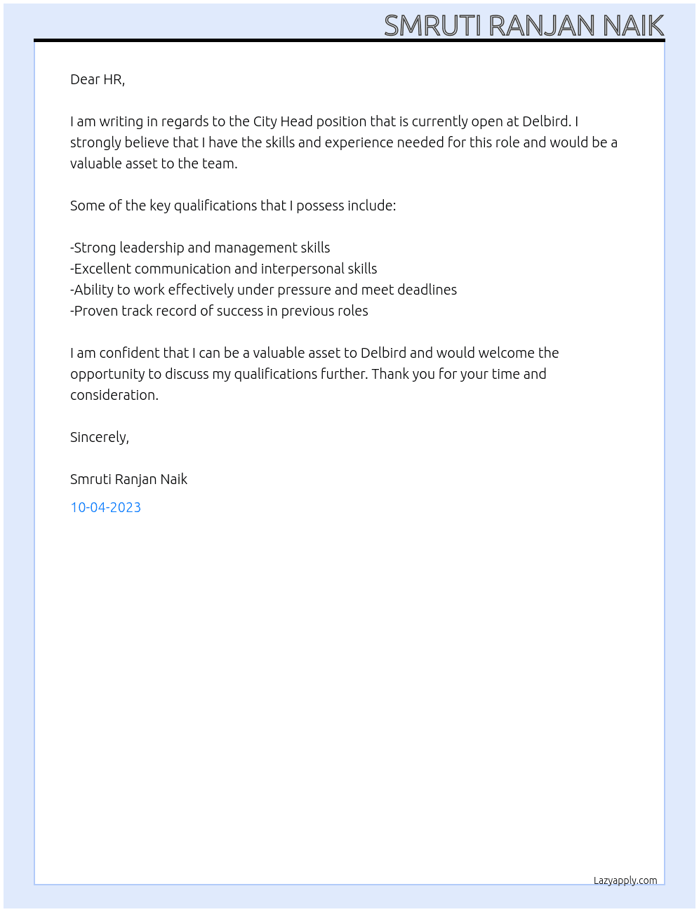 City Head At Delbird Cover Letter