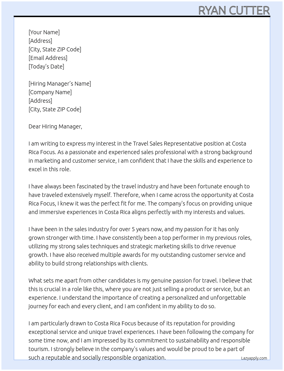Travel Sales Reprsentative At Costa Rica focus Cover Letter