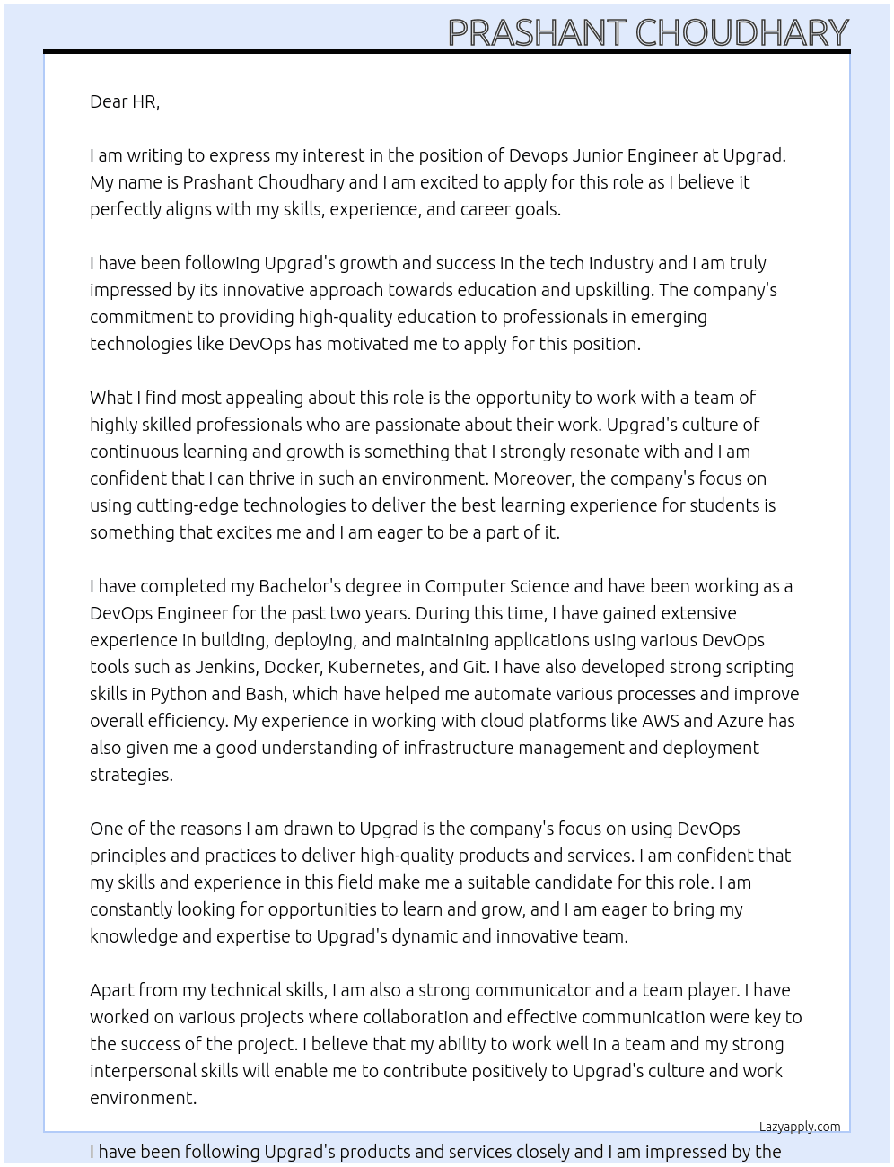 Devops junior engineer  At Upgrad Cover Letter