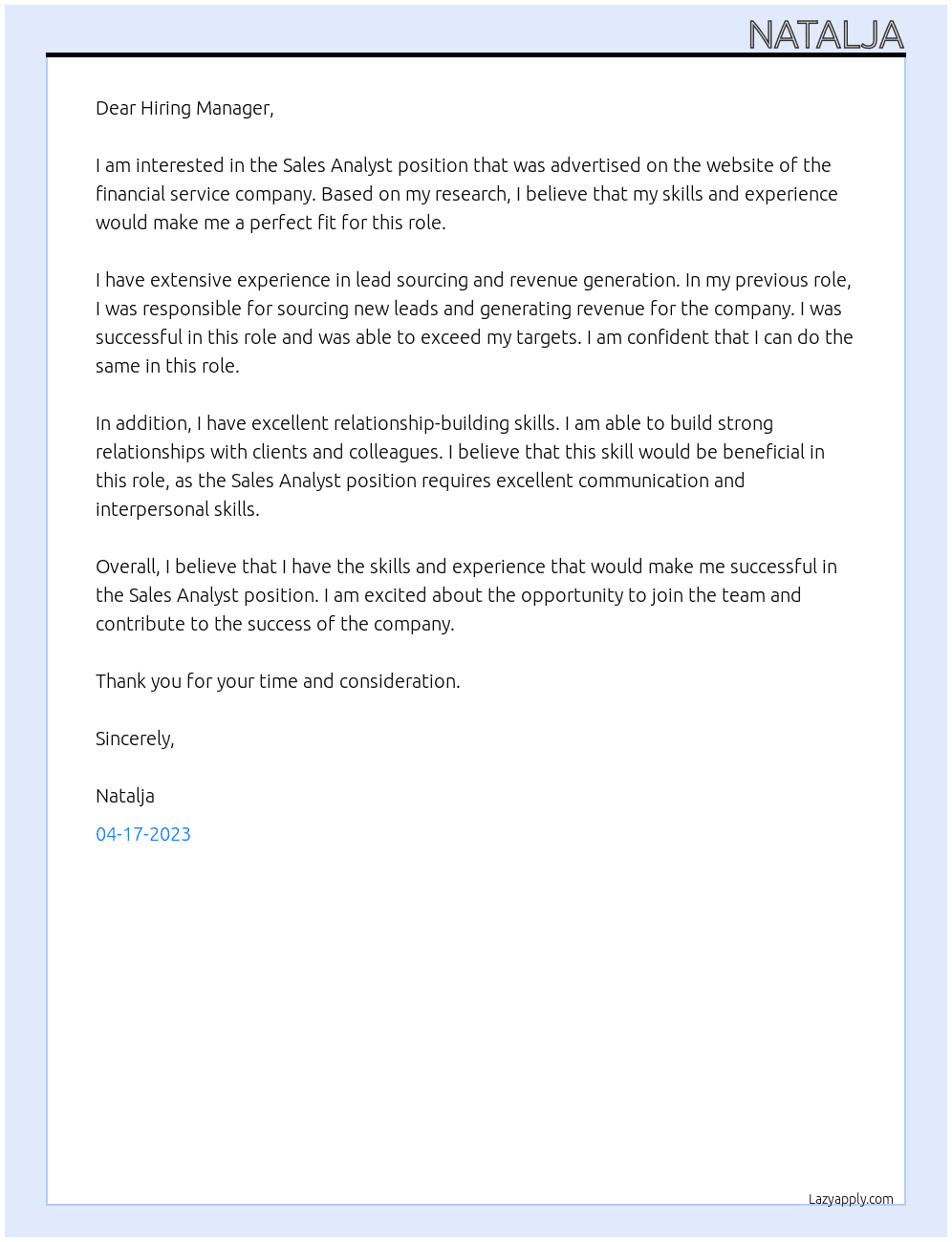 Sales Analyst At Advertised financial service company Cover Letter