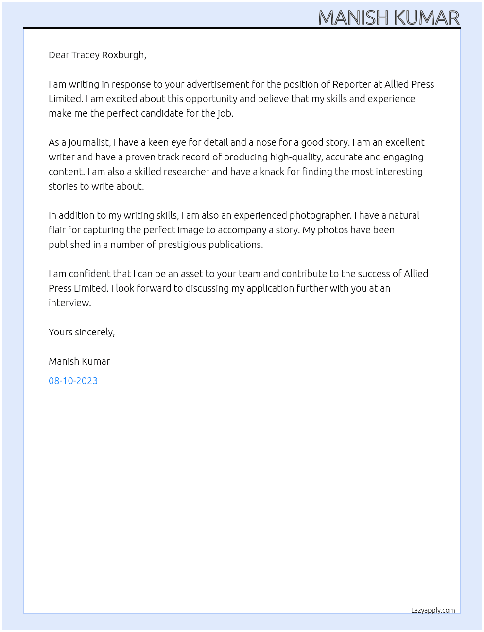 Reporter At Allied Press Limited Cover Letter