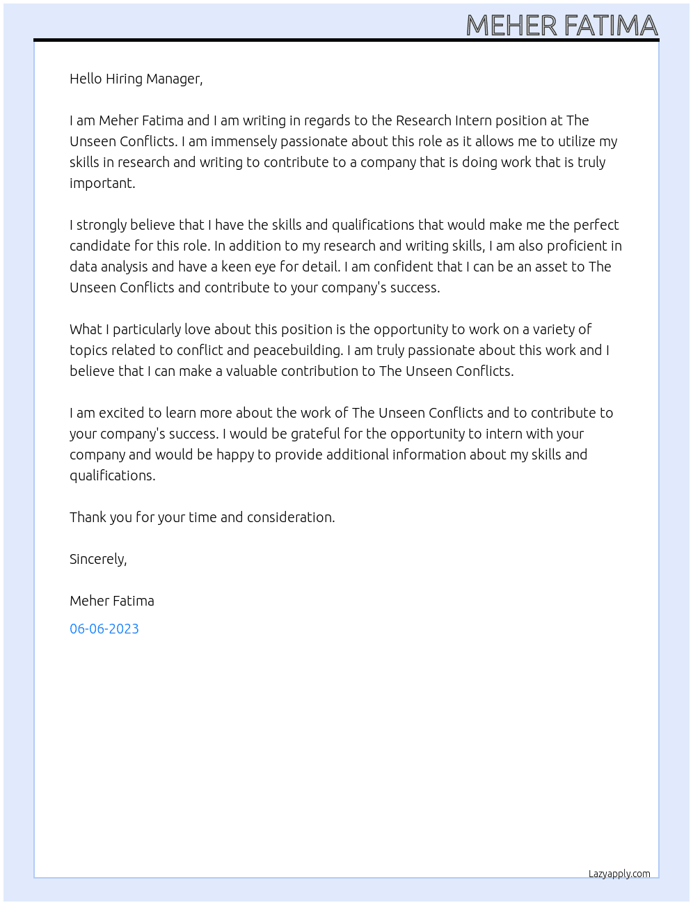 Research Intern At The Unseen Conflicts Cover Letter