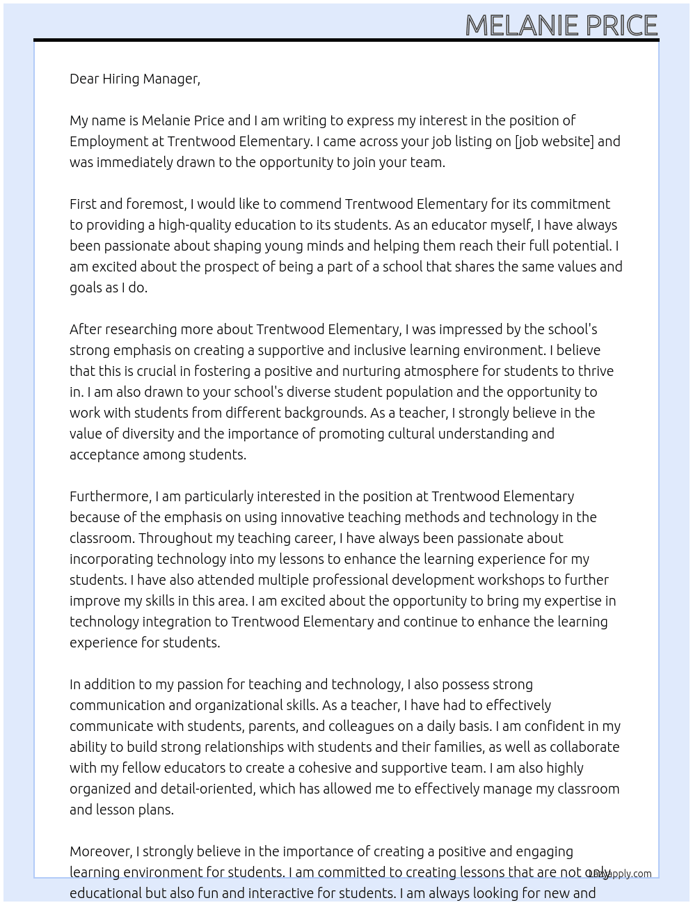 Employment at Trentwood Elementary  At Trentwood Elementary  Cover Letter