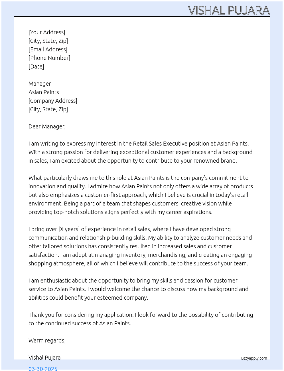 Retail sales executive  At Asian paints  Cover Letter