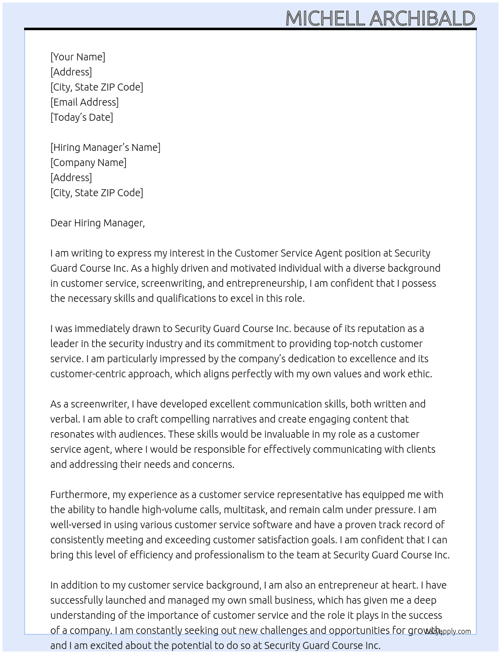 customer service agent At Security Guard Course Inc. Cover Letter