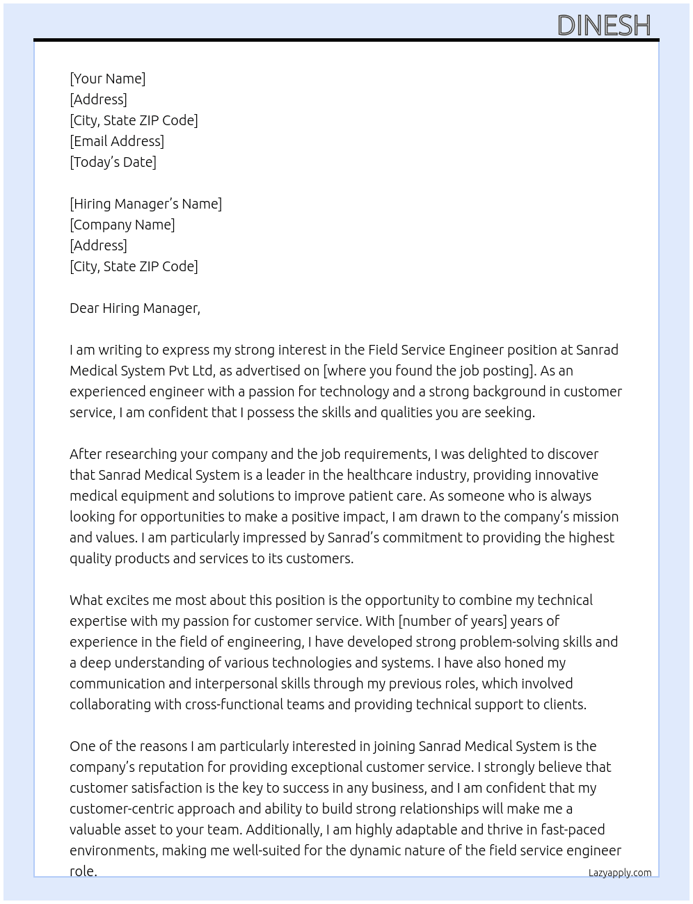  Field Service Engineer  At  Sanrad Medical System Pvt Ltd  Cover Letter
