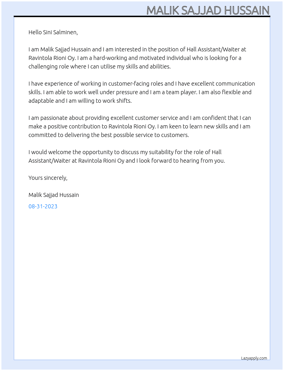 Hall Assistant/ Waiter At Ravintola Rioni Oy	 Cover Letter