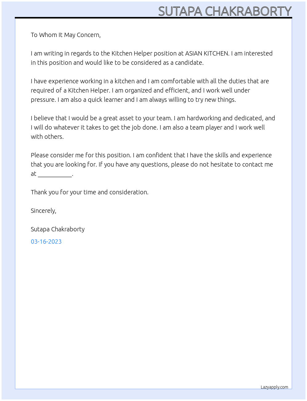 Kitchen helper At ASIAN KITCHEN Cover Letter