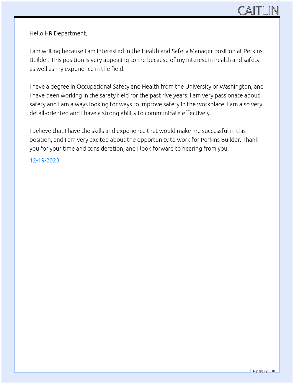 Health and Safety Manager At Perkins Builder Cover Letter