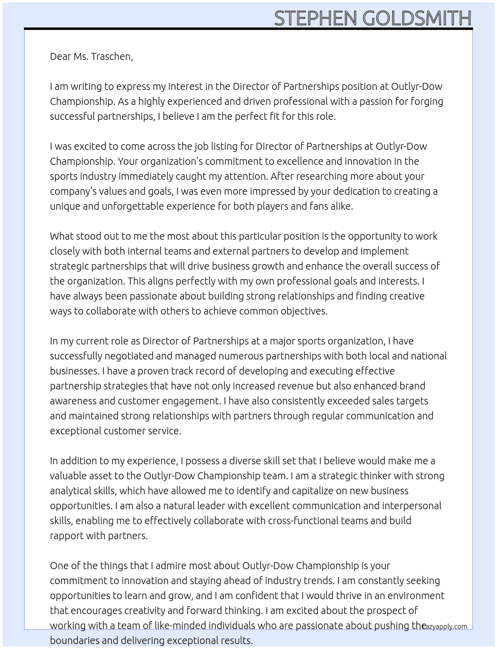 Director - Partnerships At Outlyr-Dow Championship Cover Letter