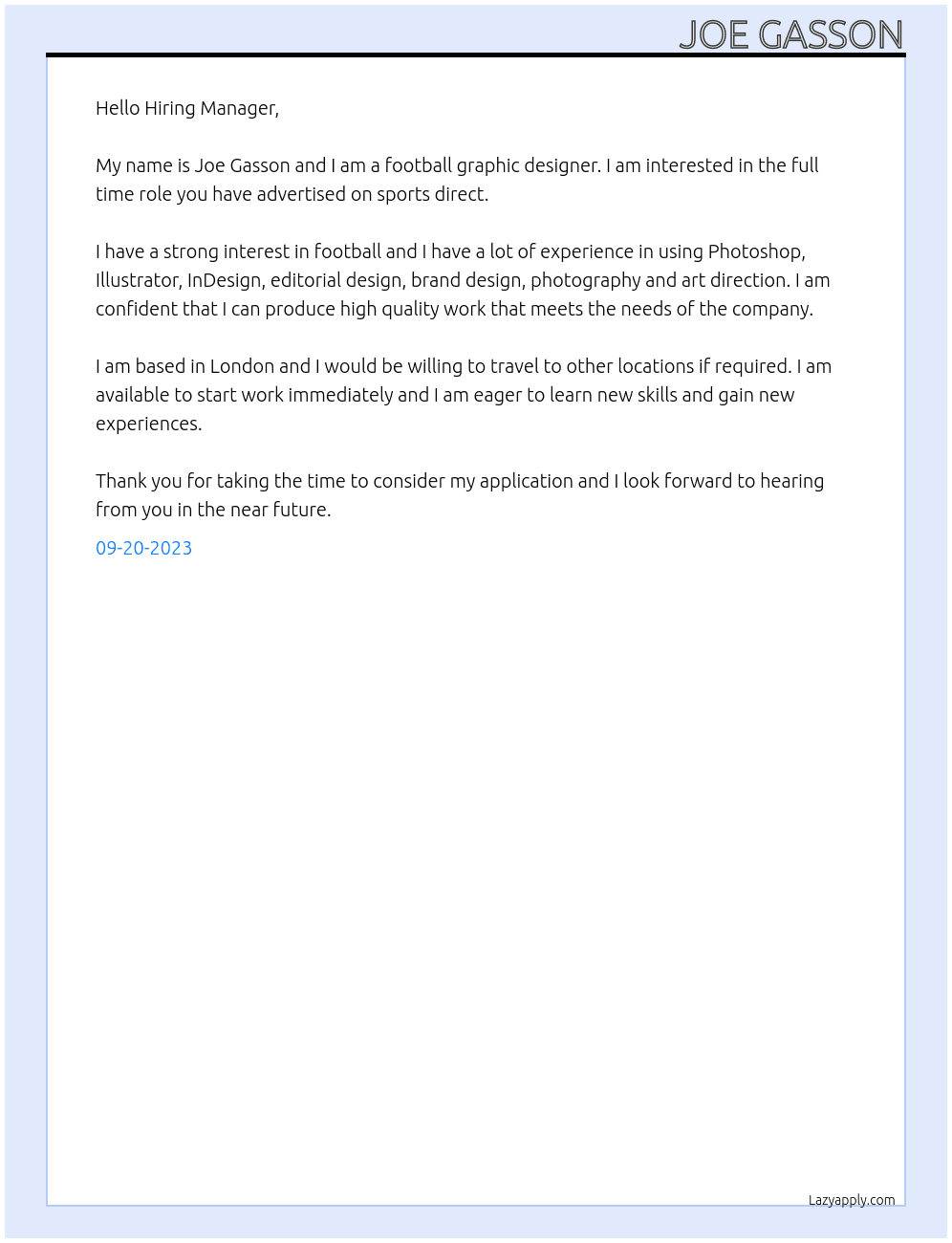 football graphic designer At sports direct Cover Letter