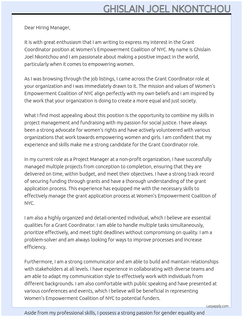 Grant Coordinator At Women's Empowerment Coalition of NYC Cover Letter