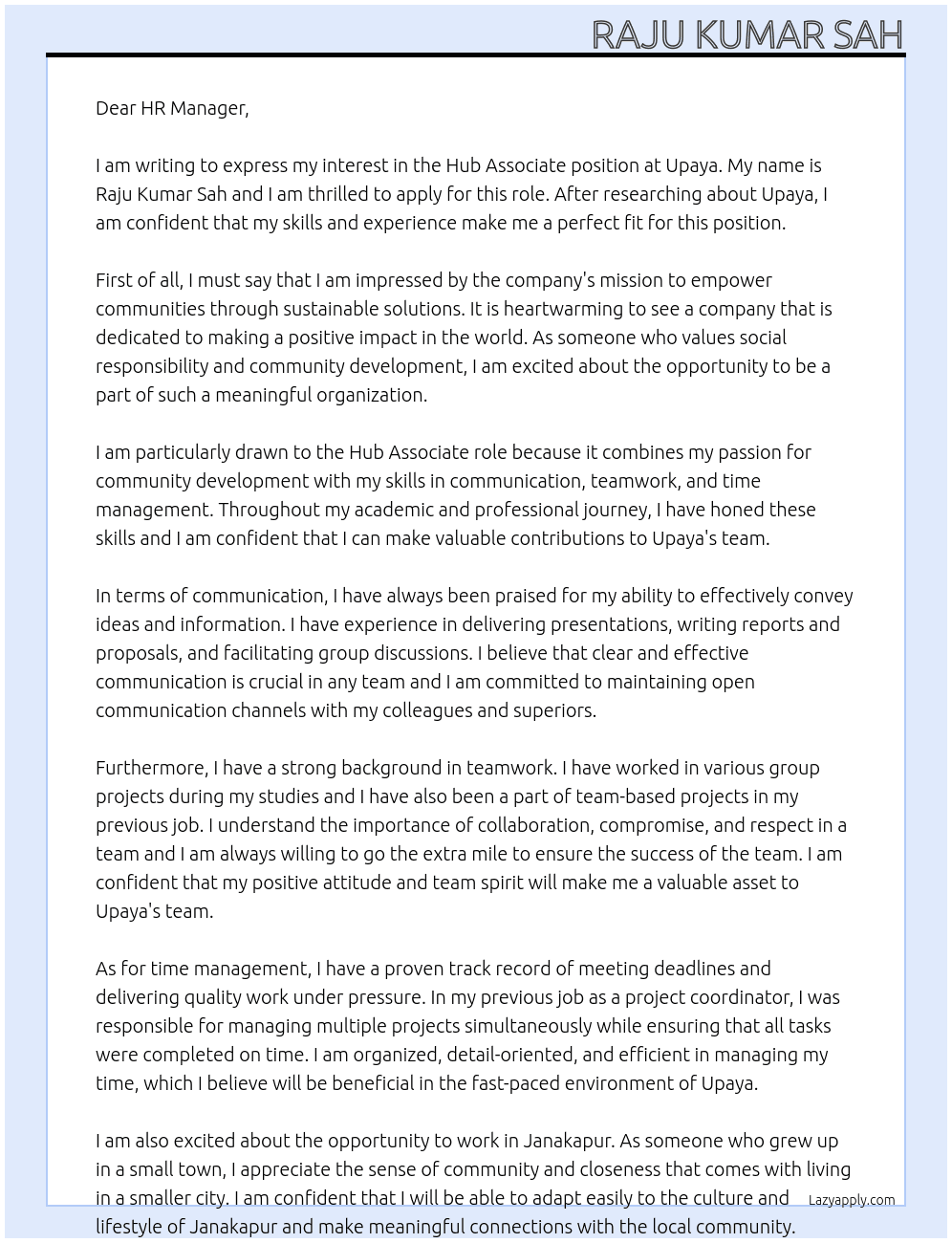Hub Associate  At Upaya Cover Letter