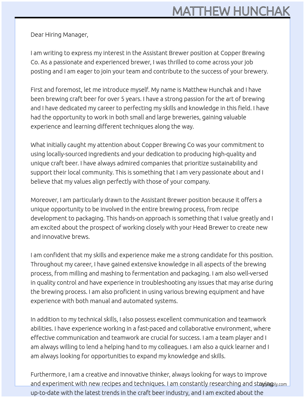 Assistant Brewer At Copper Brewing Co Cover Letter