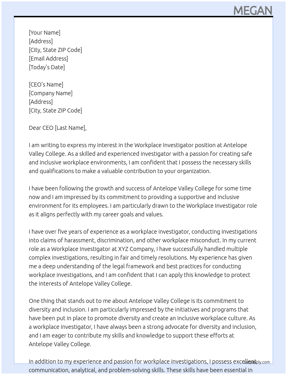 Workplace investigator At Antelope Valley College Cover Letter