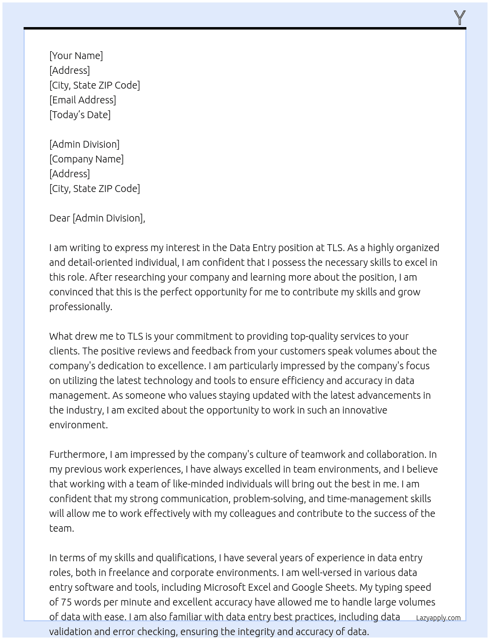 Data Entry  At TLS Cover Letter
