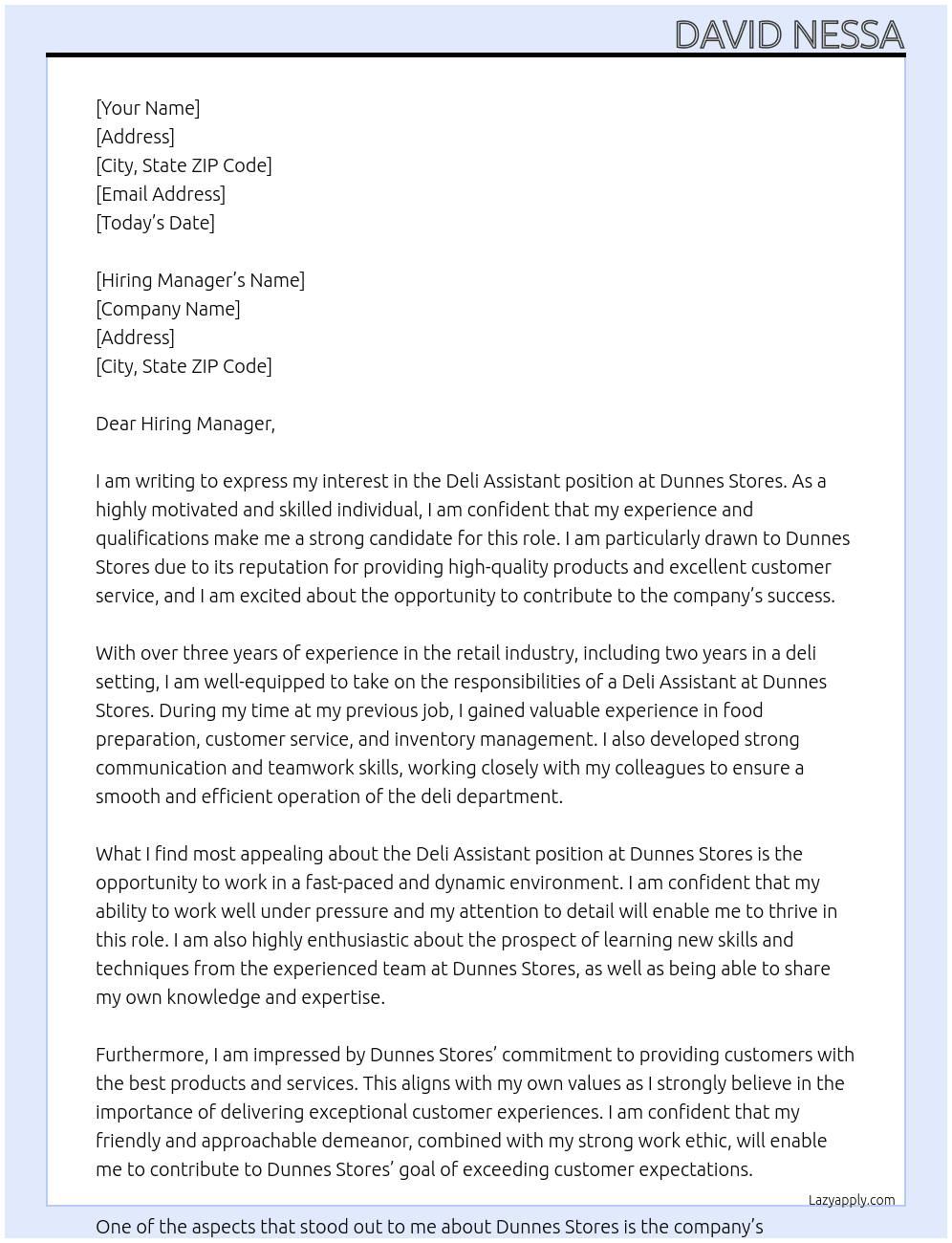 Deli Assisstant At Dunnes Stores Cover Letter