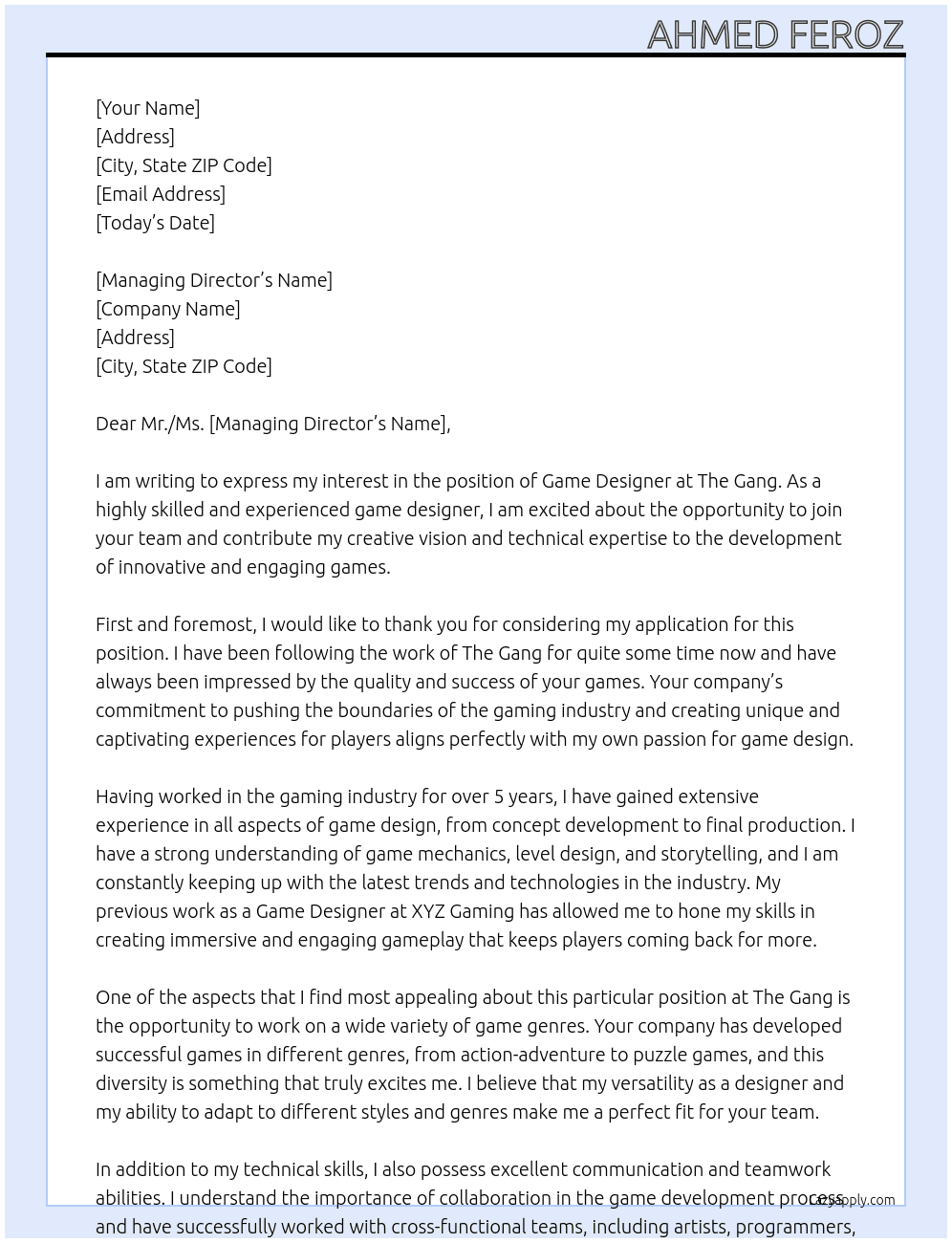 Game Designer At The Gang Cover Letter