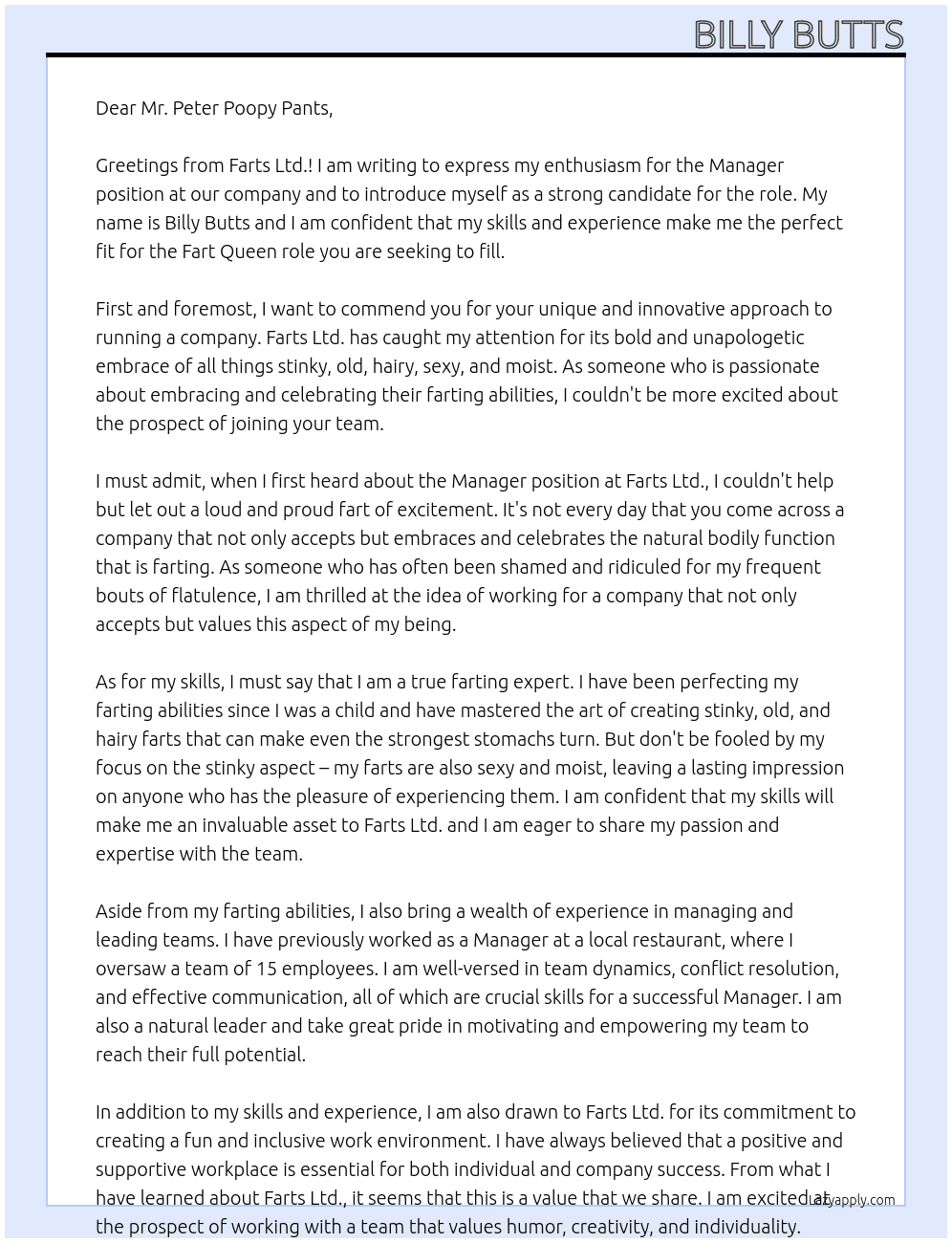 Manager At Farts ltd. Cover Letter