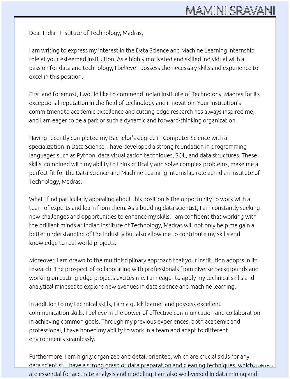 Data science and machine learning  At Indian Institute of Technology, Madras Cover Letter