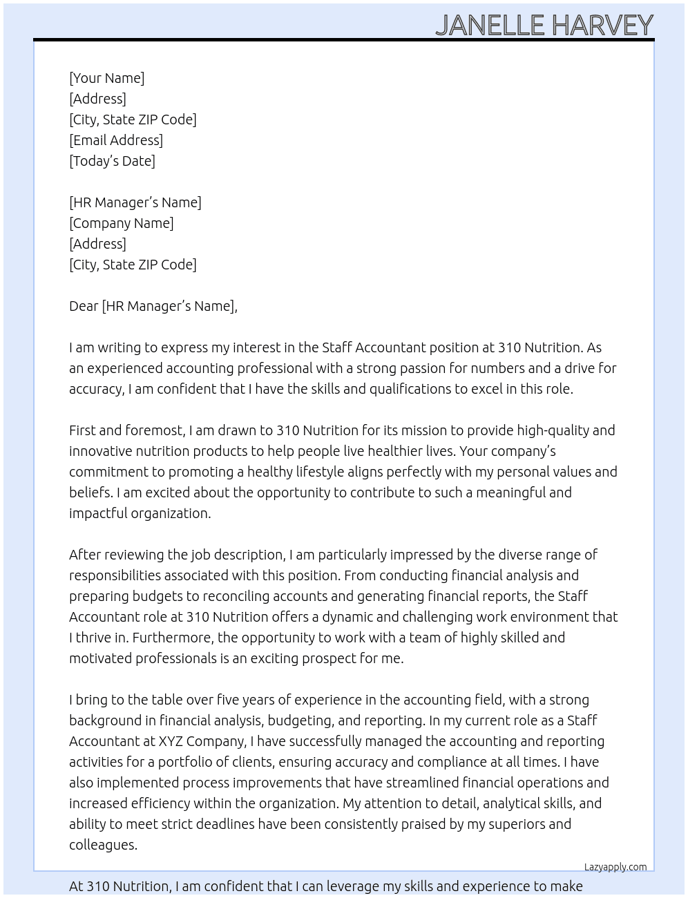 Staff Accountant At 310 Nutrition Cover Letter