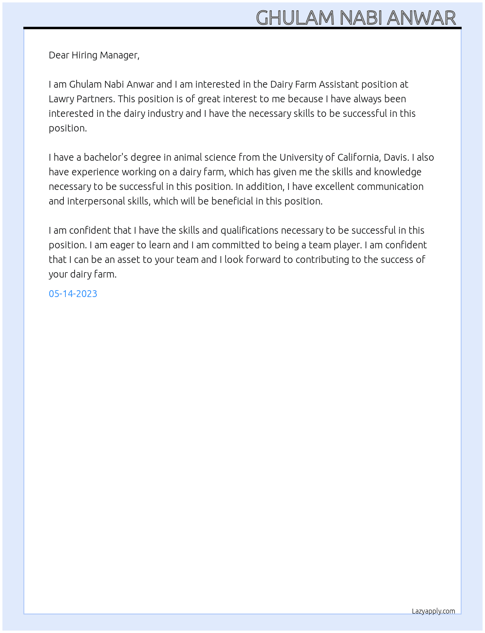 Dairy Farm Assistant  At Lawry Partners Cover Letter