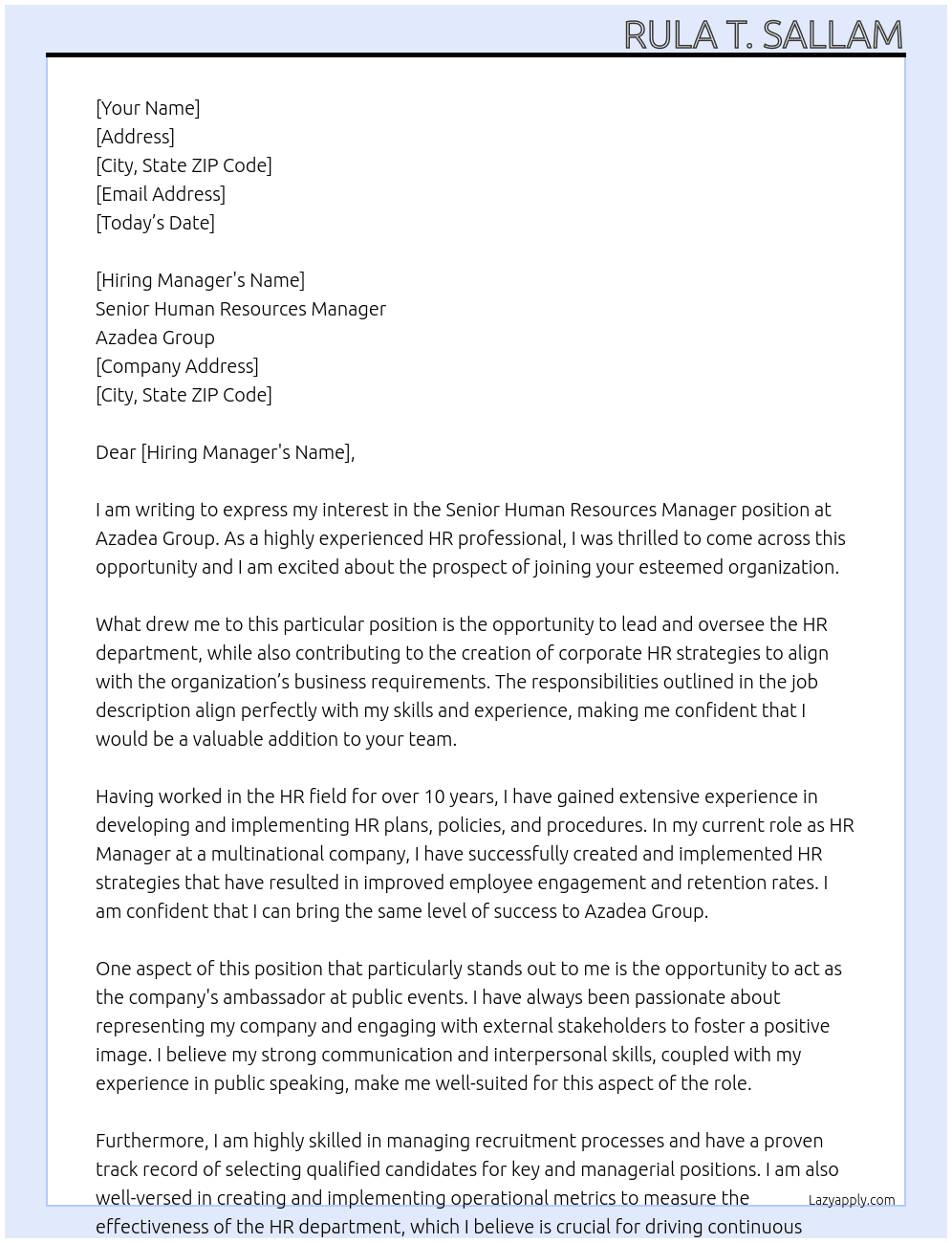 Senior Human Resources Manager At  Azadea Group logo Azadea Group Cover Letter