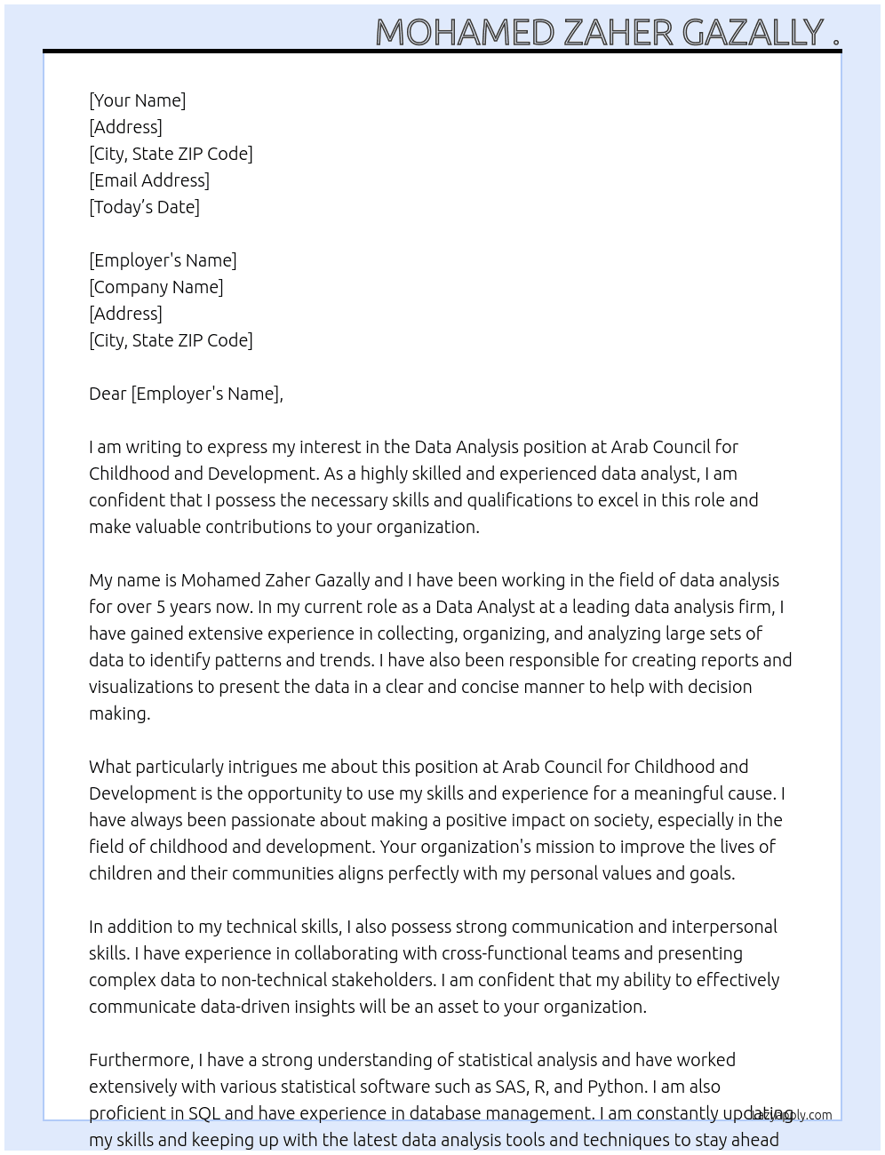 Data analysis  At Arab cancel for childhood and Development Cover Letter