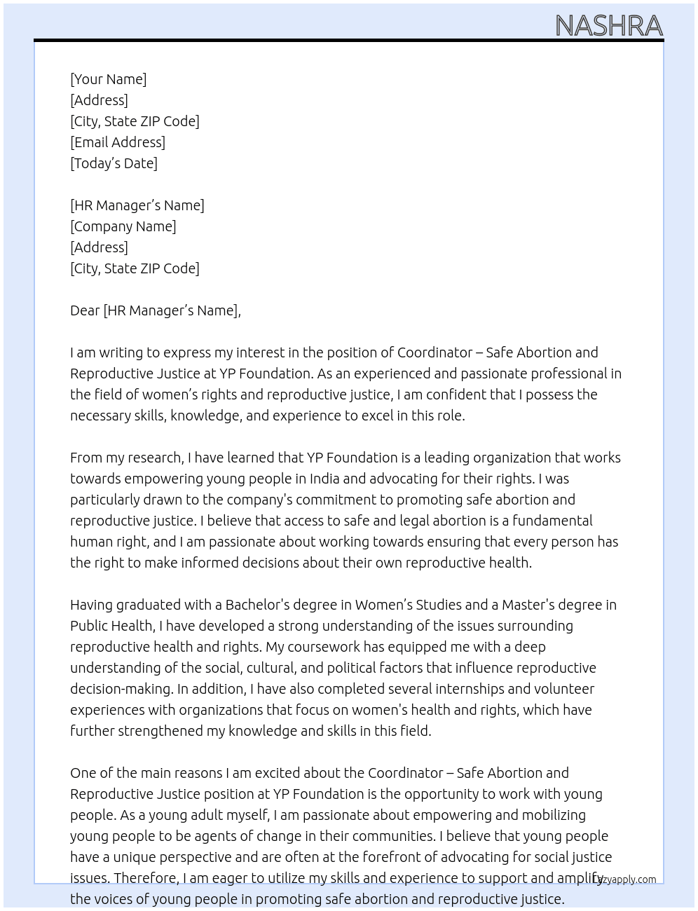 Coordinator – Safe Abortion and Reproductive Justice At YP Foundation Cover Letter