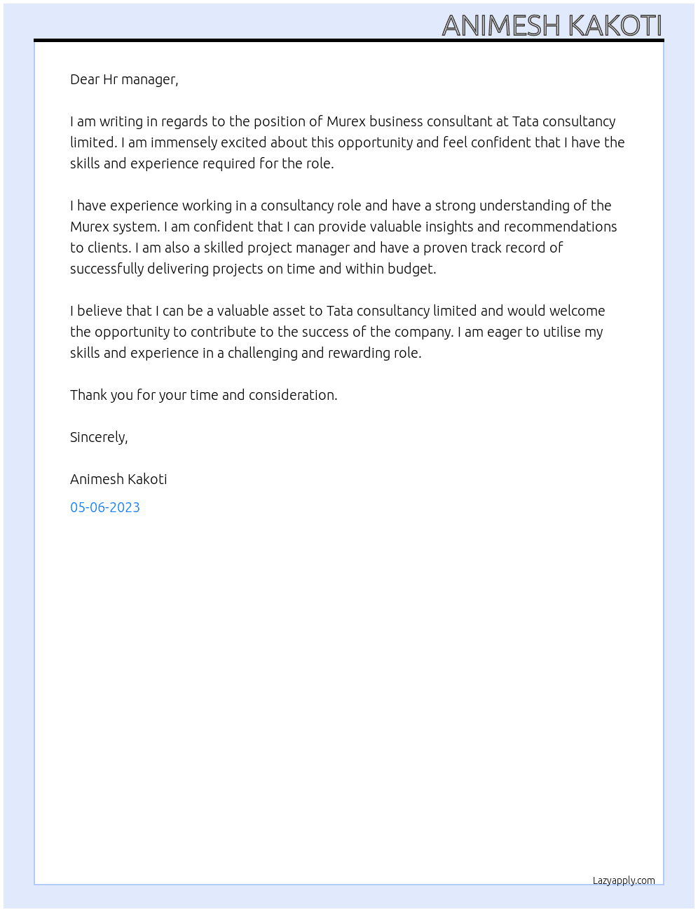 Murex business consultant  At Tata consultancy limited Cover Letter