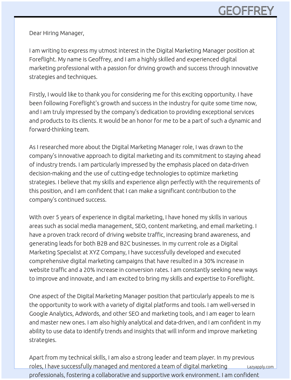 Digital marketing manager  At Foreflight  Cover Letter