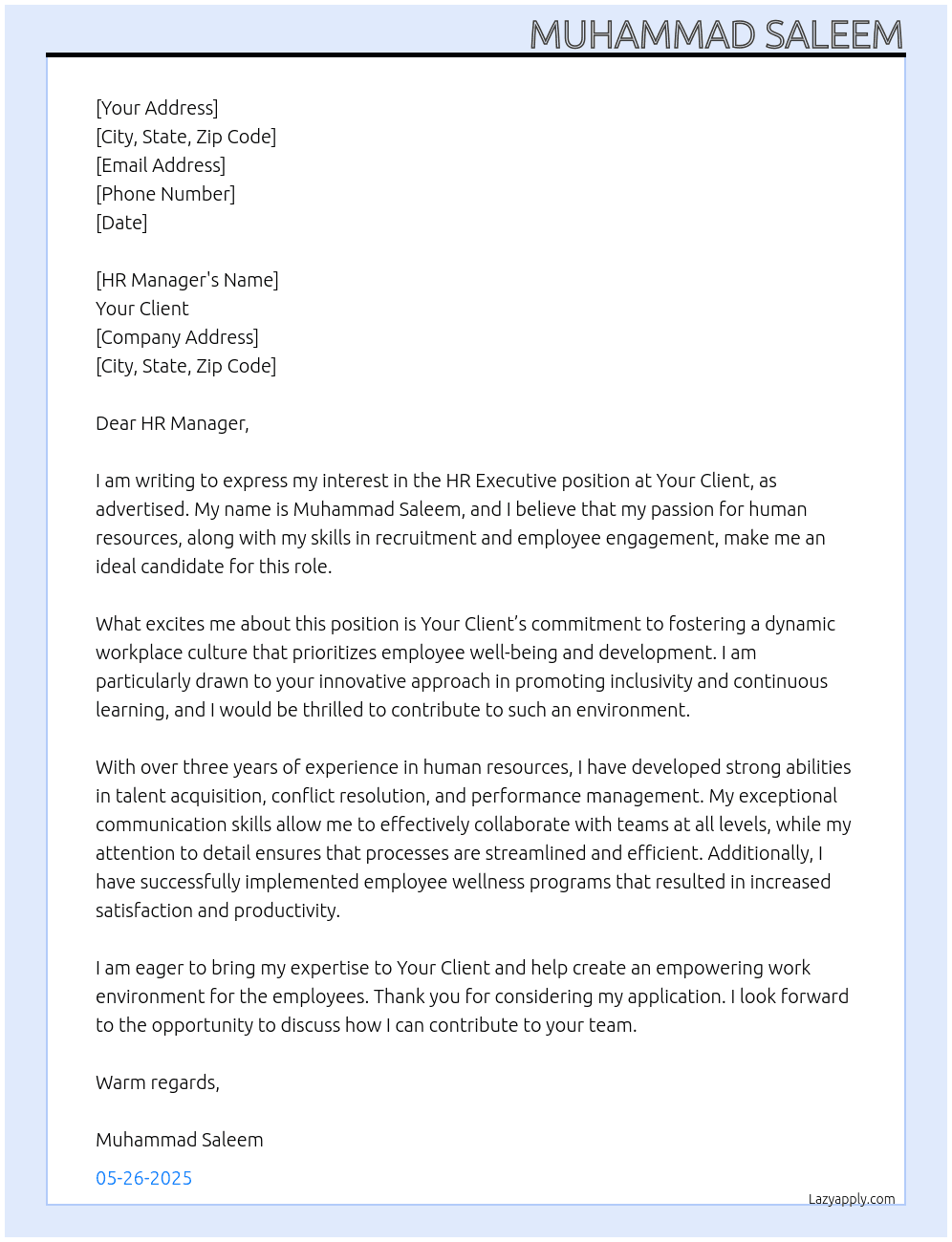 Hr executive  At your client Cover Letter